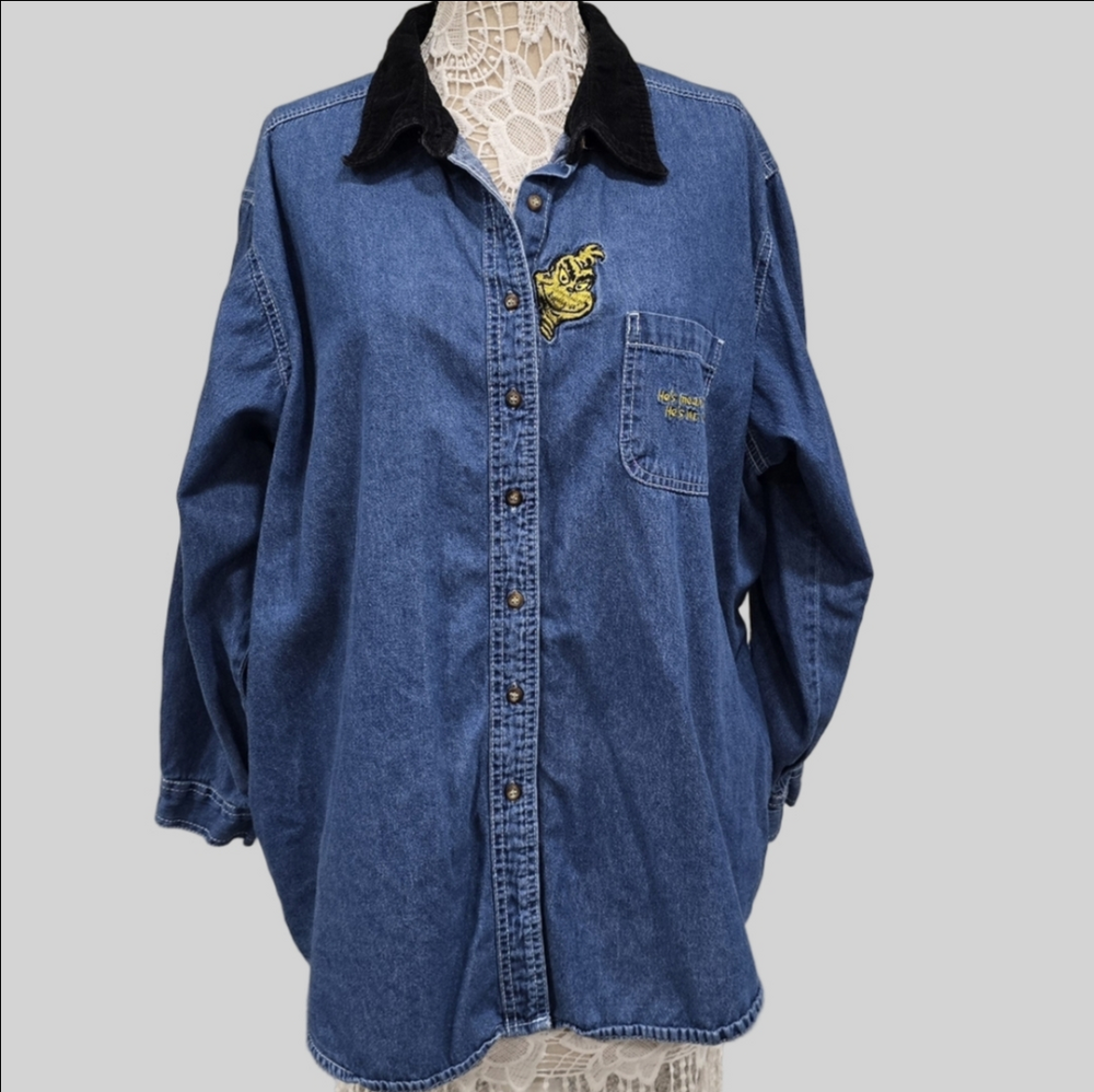 Vintage 90s Dr. Seuss The Grinch Denim Shirt